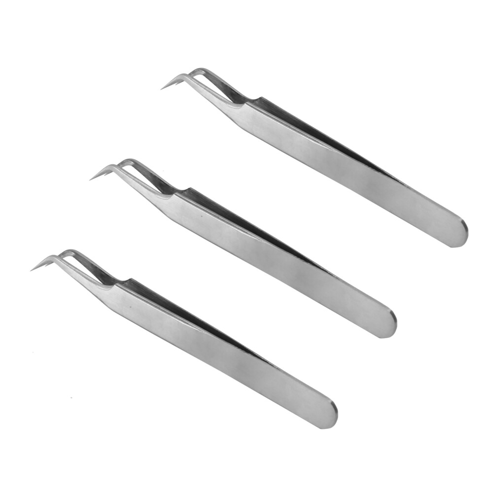 Silver 3X Anti-Static Curved Tip Tweezers Forceps Pliers Repair Hand Tool Set