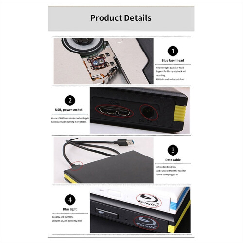 Blu-Ray Burner Player USB 3.0 CD DVD External Bluray Drive Writer Reader for PC Laptop Desktop 2