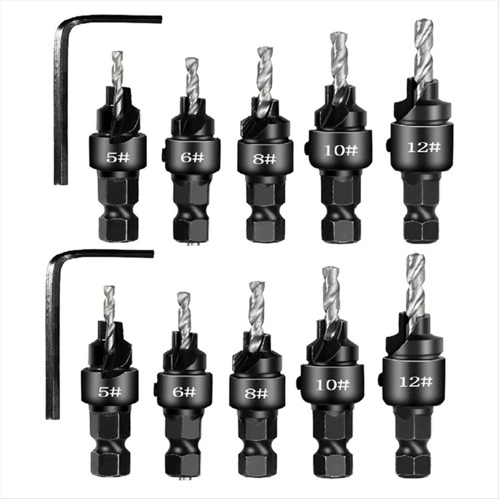 2 Setsx5pcs Countersunk Drill Hexagonal Handle Steel Hole Opener Set Wood Taper Hole Integrated Drill Bit Silver 4852423586977