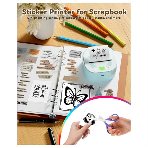 Portable Mini Sticker Printer , D21 Bluetooth Sticker Maker Machine with 3 Rolls Paper, Thermal Inkless Print Pod 1