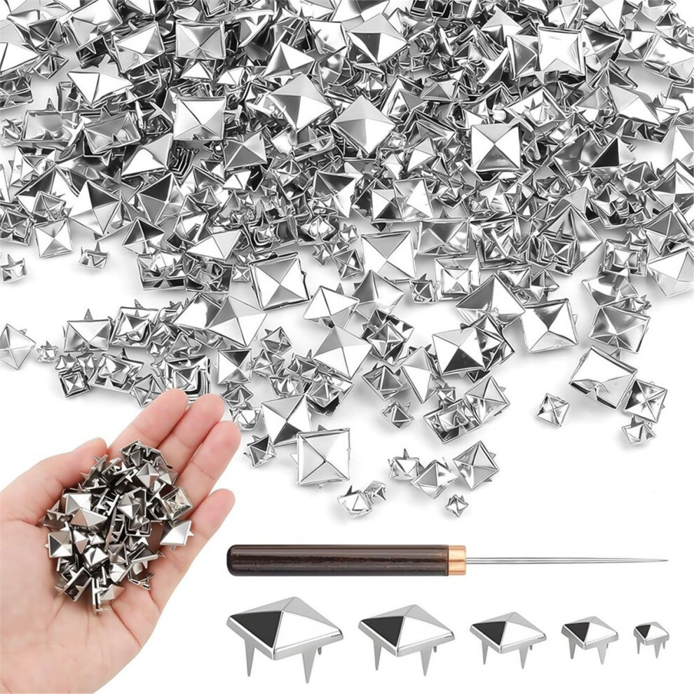 300Pcs Square Pyramid Studs, Silver Prong Spikes And Rivet Kit With Wooden Handle Awl, For Punk Rock Clothing Belts Bags 4852957159647