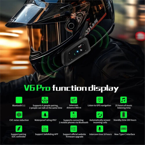 V6 Plus Bluetooth Motorcycle Helmet Headset with 1500M BT Interphone ...