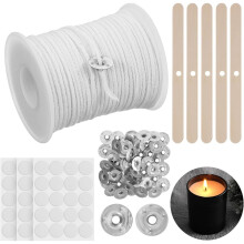 Cotton Candle Wick Roll,with 50Pcs Metal Sustainers 3Sheet Candle-Wick Stickers and 5Pcs Wooden Candle-Wick Centering