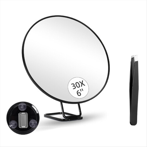 30X Magnifying Mirror with Stand Tweezers Magnified Makeup 3 Suction Cups for Grooming & Travel
