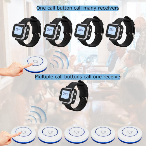 Wireless Calling System 5 Table Call Button Transmitters 1 Watch Pager, Restaurant Waiter Service Bell Buzzer C 1