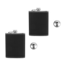 2X Pocket Hip Flask 8 Oz with Funnel Stainless Steel with Black Leather Wrapped Cover and Leak Proof