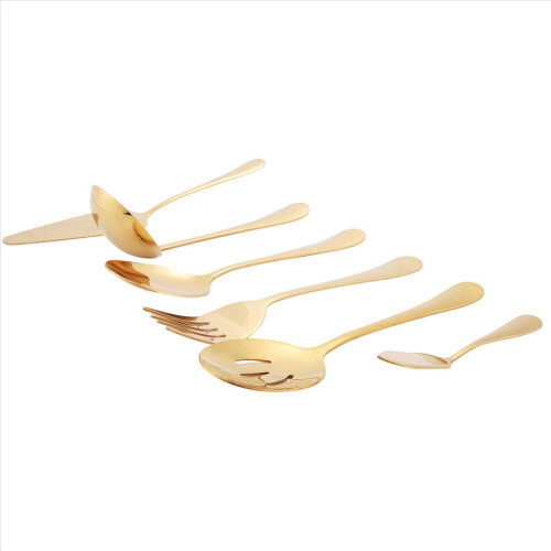 6-Piece Serving Flatware Silverware Set, Serving Utensil Set,Include Cake Server, Slotted Serving Spoon Gold 1