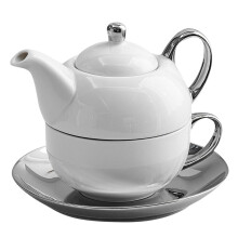 Set da tè per una persona in ceramica bianca con manico, teiera da 450 ml e tazza da caffè da 350 ml con piattino