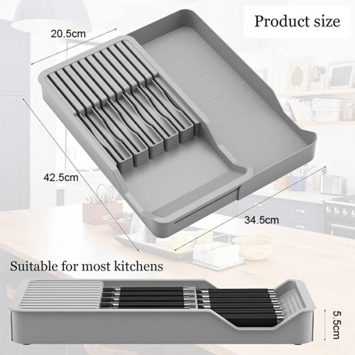 Block Holder with Expandable Organizer Storage Tray for Kitchen Countertop Retractable Organizer Drawer 1
