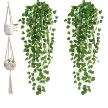 1 Pcs Macrame Double Plant Hanger 2 Tier Hanging Planter & 2Pcs Artificial Ivy Garland Fake Vine Plants