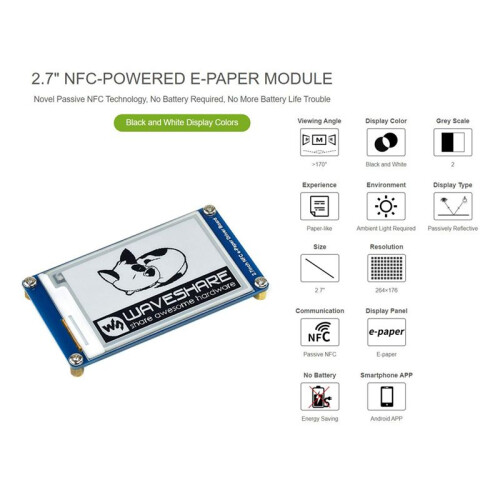 Waveshare 2.7 Inch Passive NFC-Powered E-Paper Module No Battery Wireless Powering & Data Transfer 2