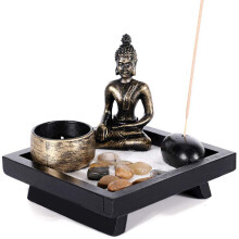 Tea Light Holder Zen Garden, Solid Wood Desk Meditation Sanctuary, Superior Quality Sand & Stone Set, Gift for Peaceful Moments (Buddha Statue Include