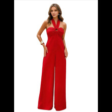 Maxi-Jumpsuit für Damen, überkreuzter Neckholder, gerades Bein, Overall, Rot, Größe S
