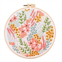 Stickset für Anfänger und Fortgeschrittene, inklusive Blumenlandschaft mit Garn und Nadeln.