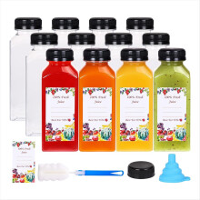12 stuks 12oz plastic sapflessen met verzegelde doppen, herbruikbare doorzichtige containers, etiketten, trechter en borstel