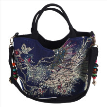Glitzernde Pailletten-bestickte Damen-Canvas-Tragetasche, Schultertasche im Retro-Stil, Perlenkette, Blau
