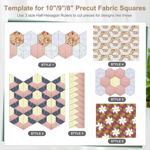 Conjunto de 3 Réguas Acrílicas para Quilting com Meio Hexágono, Tamanhos 8, 9 e 10 Polegadas, para Costura e Quilting. 2