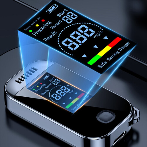 Bafômetro digital profissional com visor LCD, recarregável via USB e em formato de chaveiro. 2