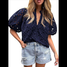 Damen-Sommertops 2025: Elegante und lässige Kurzarmblusen mit V-Ausschnitt, Knöpfen, Lochstickerei und Spitze, Dunkelblau, XXL
