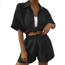 Conjunto feminino de verão com shorts e top, 2 peças, ideal para relaxar na praia ou para férias. Cor: Preto. Tamanho P.