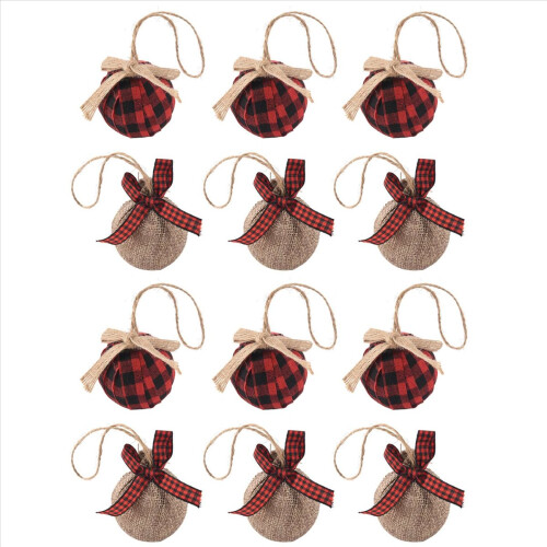 Enfeites de Natal para árvore, 12 peças de 6,35 cm (2-1/2 polegadas), em juta com costura xadrez vermelha e preta. 1