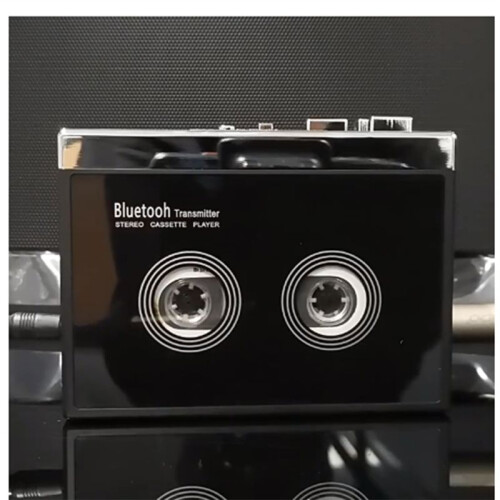 Leitor de cassetes estéreo retrô preto com função de reversão automática e Bluetooth. 2