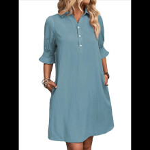 Damen-Freizeitkleid mit Rüschenärmeln, Knopfleiste, Etuikleid, Sommerkleid mit Taschen, Grau/Blau, Größe S