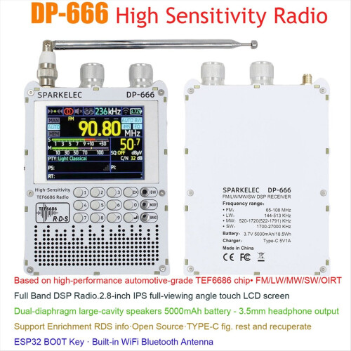 Rádio DP-666 de alta sensibilidade com tela sensível ao toque IPS de 2,8 polegadas e tecnologia TEF6686, com transmissão em FM, AM e ondas curtas. 2