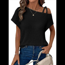 Maglietta estiva casual da donna con spalle scoperte e maniche corte in maglia a nido d'ape, nera, XL