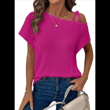 Maglietta estiva casual da donna con spalle scoperte e maniche corte in maglia a nido d'ape, rosa rossa, taglia M