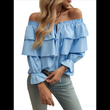 Damenbluse mit schulterfreiem Rüschenbesatz, modisch, langärmlig, sexy-elegant, lässig-elegant, Lagenlook, Hellblau, XL