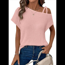 Maglietta estiva casual da donna con spalle scoperte e maniche corte in maglia a nido d'ape, rosa M