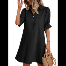 Damen-Freizeitkleid mit Rüschenärmeln, Knopfleiste, Etuikleid, Sommerkleid mit Taschen, Schwarz, XL