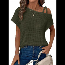Maglietta estiva casual da donna con spalle scoperte e maniche corte in maglia a nido d'ape, verde XXL