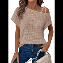 Damen Sommer Casual Off-Shoulder Waffelstrick Kurzarm T-Shirt Khaki L