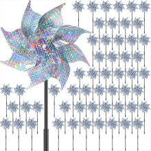 Moinho de vento refletor com estacas, ideal para decoração de jardim, repelente de pássaros, cor prata brilhante.