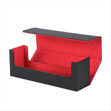 Caixa para guardar cartas colecionáveis, estojo de PU para baralho, suporte com fecho magnético para cartas de jogos, preto e vermelho.
