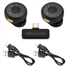 Microfone de lapela sem fio com clipe de sucção magnética e conector USB-C circular, ideal para gravações de vídeo ao vivo.