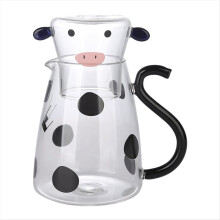 Glas-Wasserkaraffe-Set mit Tasse, niedlichem Cartoon-Kuh-Wasserkocher, blühender Teekanne, Vorratsdose, Milch- und Eisgetränkeflasche, groß
