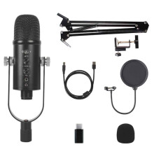 Microfone USB profissional Plug and Play para estúdio com suporte, ideal para jogos, bate-papo online, vídeos e streaming de voz.