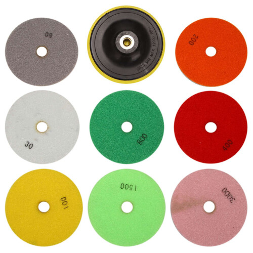 Conjunto de 9 discos de polimento diamantados de 5 polegadas para mármore, concreto, pedra e azulejo, para uso a seco e úmido.