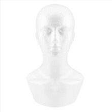 Manequim masculino de espuma para exibição de perucas, chapéus e cachecóis.