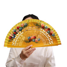 Artistic Hand Paint Folding Fan Traditional Design Wood-Yellow