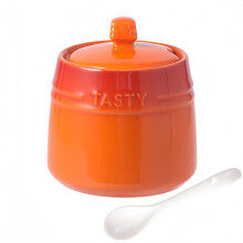 Salt Pot Porcelain Sugar Pot With Lid And Spoon, Orange, 10 Oz, Solid Color, For Coffee Bar