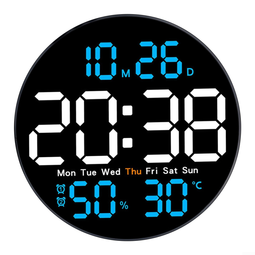 10 Inch Digital Wall Clock With Alarm, Hygrometer, Date And Weekday Display, Lcd Blue