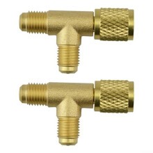 2Pcs Brass Quick Coupler Access Tee Adapter With 1/4 Inch SAE Valves Core For R12 R22 R134 Systems And Vacuum Gauges