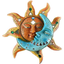 Wanddeko mit Sonnenmotiv, goldener Sonne und blauem Mond für drinnen und draußen, aus wetterfestem Metall, abstrakte Muster zum einfachen