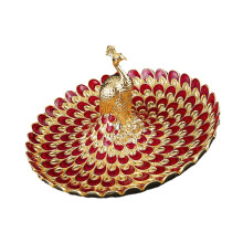Intricate Embossed Metal Serving Platter Peacocks-Golden Red