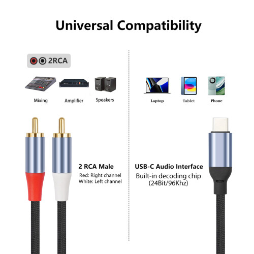 24Bit/96Khz USB Type C To 2RCA Sound Cable Compatibility-2m 2