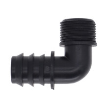 Slangefitting til 1 tommer BSP han til 25 mm slangestuds, 90 graders albueforbindelse med integreret skive, holdbar plastalbue til